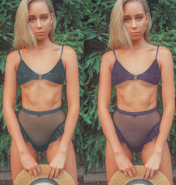 Бански костюм с висока талия в син и лилав цвят