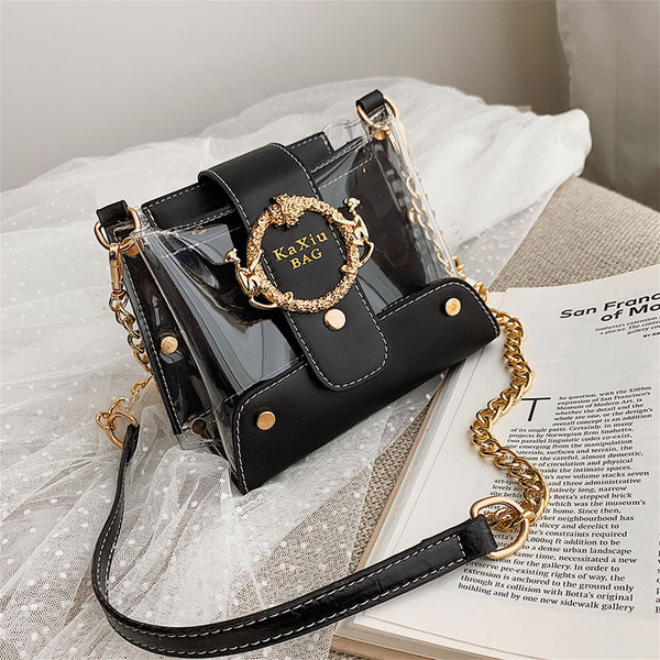 Стилна дамска чанта от еко кожа в четири цвята с метална катарама и дълга верижка