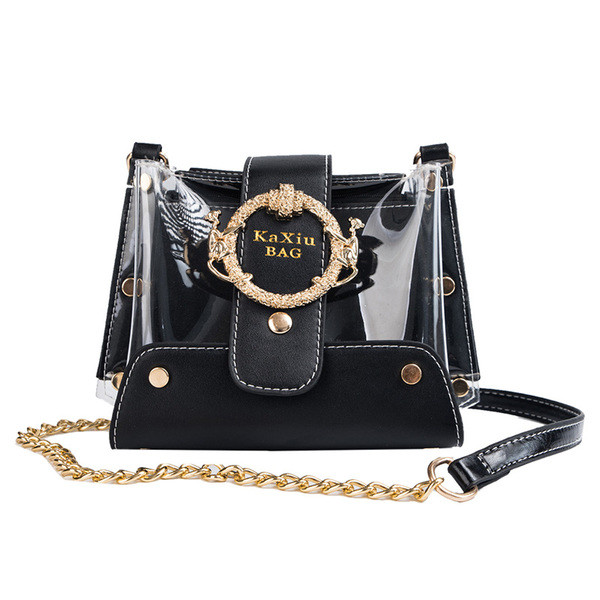 Стилна дамска чанта от еко кожа в четири цвята с метална катарама и дълга верижка