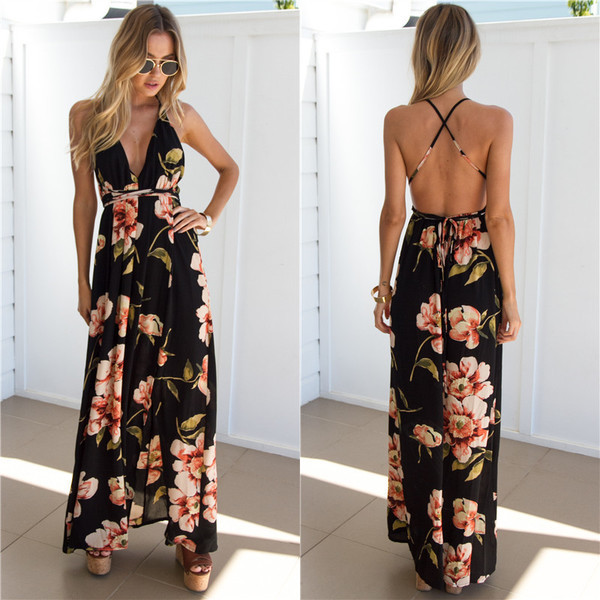 Дамска дълга рокля с флорален десен и гол гръб