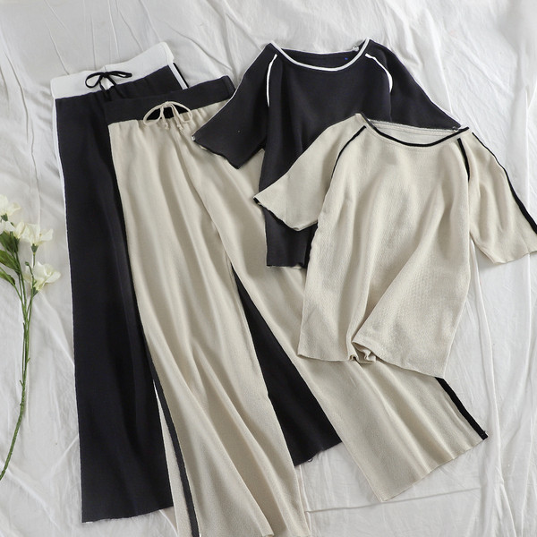 Set casual dama care include un tricou si pantaloni largi in doua culori