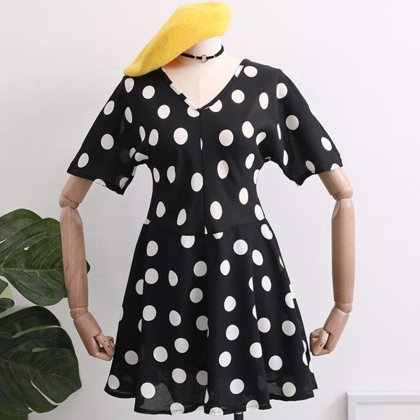 Rochie moderna de dama cu decolteu in V in doua culori de puncte