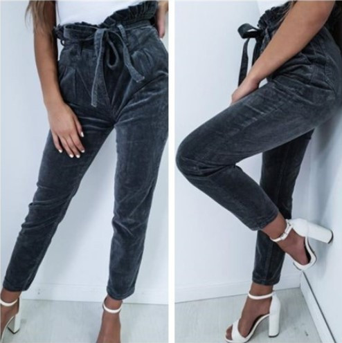 Pantaloni casual dama cu talie inalta in culoarea gri