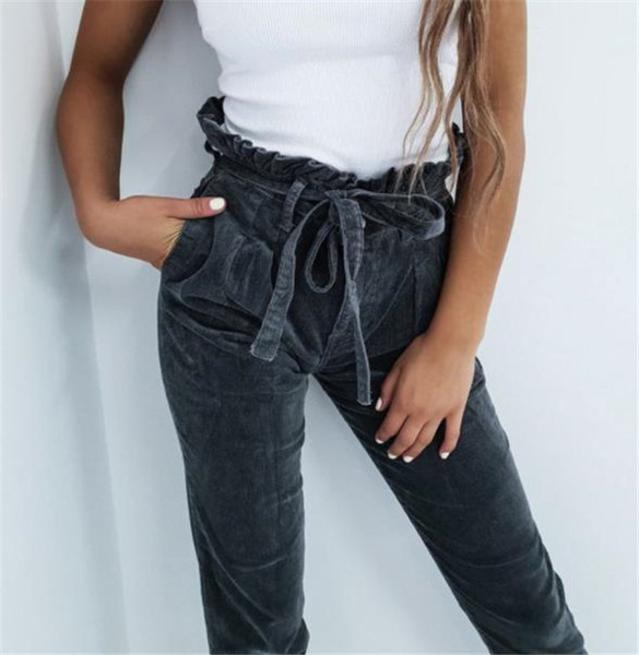 Pantaloni casual dama cu talie inalta in culoarea gri