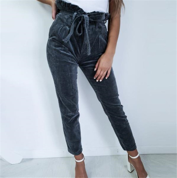 Pantaloni casual dama cu talie inalta in culoarea gri