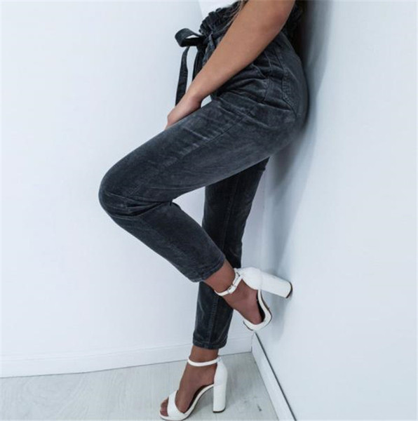 Pantaloni casual dama cu talie inalta in culoarea gri