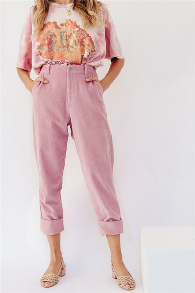 Ежедневен дамски панталон с висока  талия в зелен ,розов и жълт цвят 