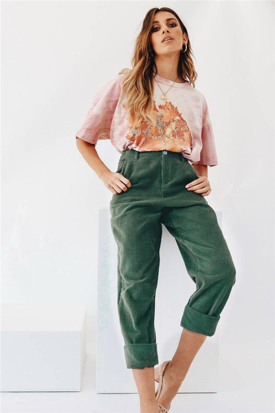 Ежедневен дамски панталон с висока  талия в зелен ,розов и жълт цвят 