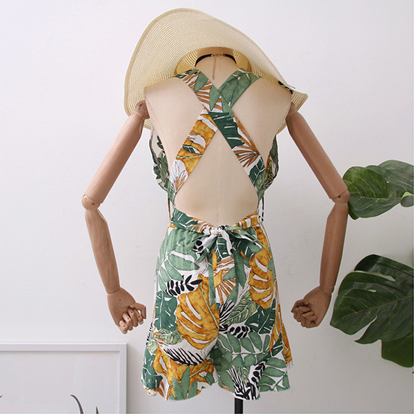 Модерен дамски гащеризон с V-образно деколте и флорален мотив в четири цвята