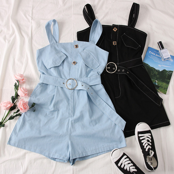 Модерен дамски гащеризон с тънки презрамки и колан в син и черен цвят