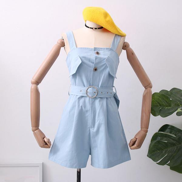 Модерен дамски гащеризон с тънки презрамки и колан в син и черен цвят