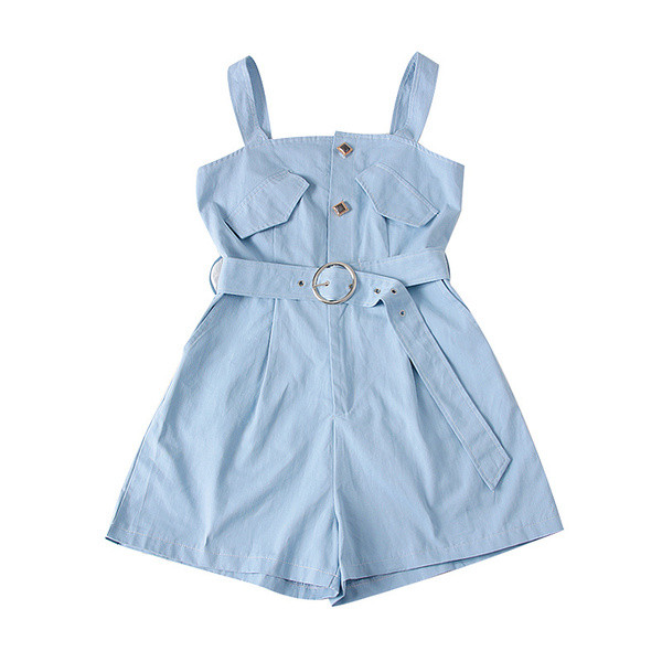 Модерен дамски гащеризон с тънки презрамки и колан в син и черен цвят