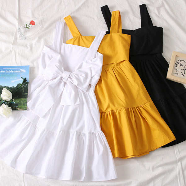 Rochie moderna de dama in trei culori cu bretele groase si panglica