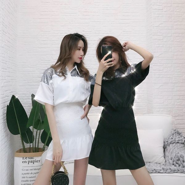 Rochie moderna de dama in alb si negru cu paiete si nasturi