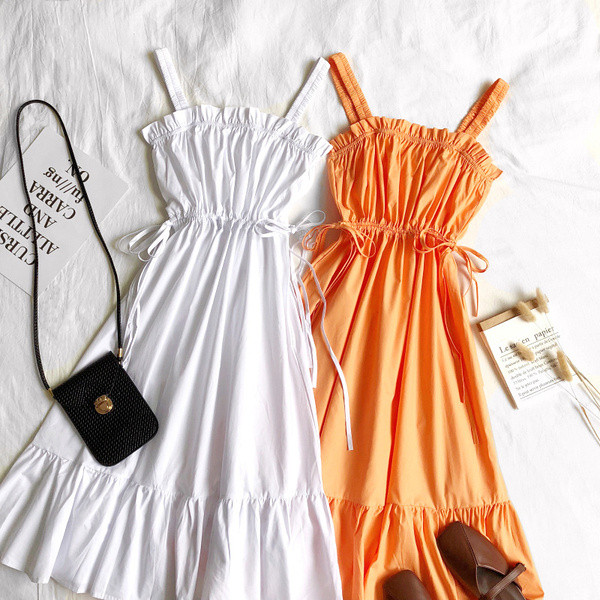 Rochie moderna de dama cu bretele subtiri si cravate in mai multe culori