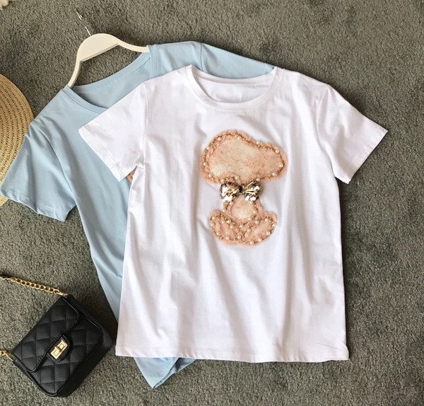 Tricou casual dama decorat cu perle in trei culori