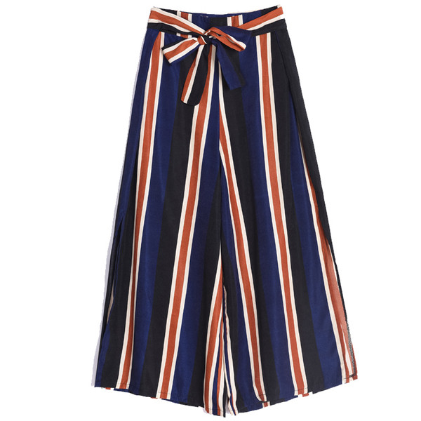 Pantaloni largi de damă moderni, cu fante și panglică