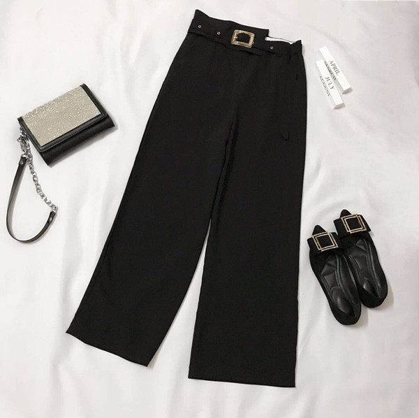 Pantaloni eleganti de dama cu centura neagra si talie inalta