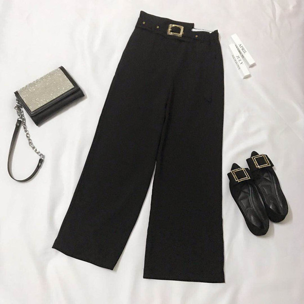 Pantaloni eleganti de dama cu centura neagra si talie inalta