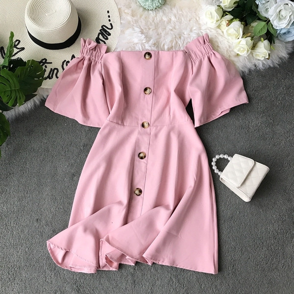 Rochie moderna de dama cu nasturi si umerii goi in mai multe culori