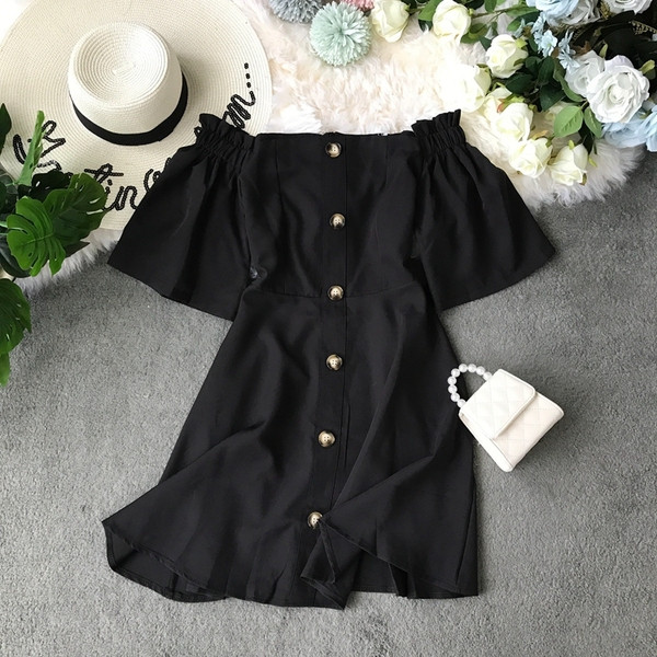 Rochie moderna de dama cu nasturi si umerii goi in mai multe culori