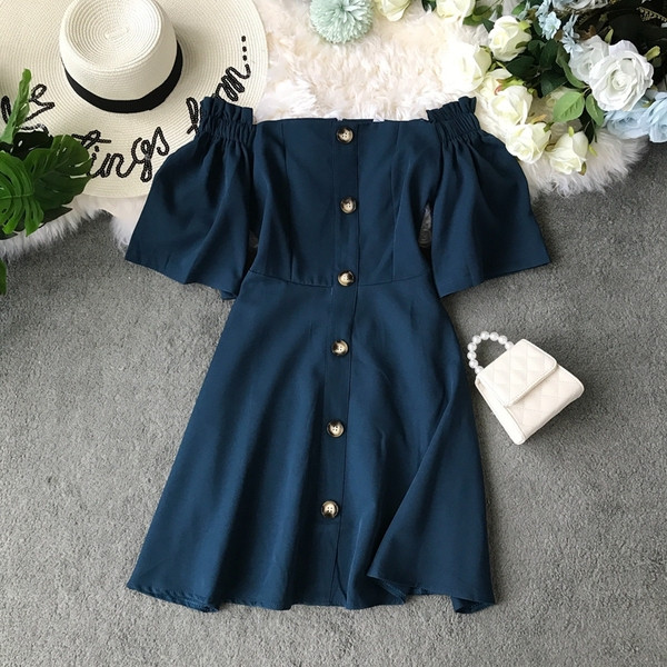 Rochie moderna de dama cu nasturi si umerii goi in mai multe culori