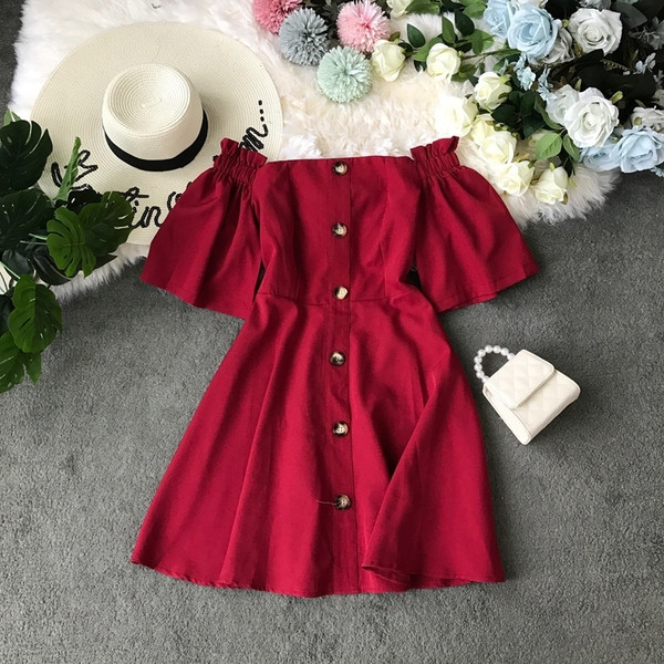 Rochie moderna de dama cu nasturi si umerii goi in mai multe culori