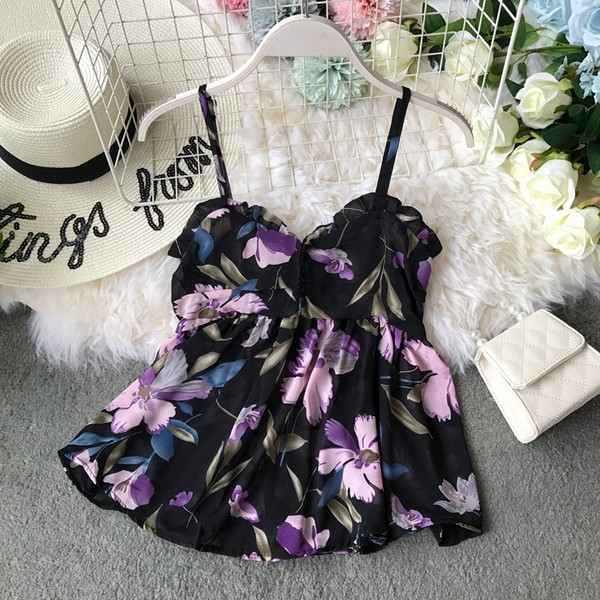 Maieu modern de dama cu bretele subtiri si motive florale in mai multe culori