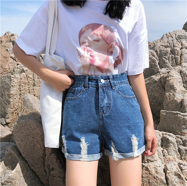 Pantaloni scurți casual de damă cu talie înaltă în albastru