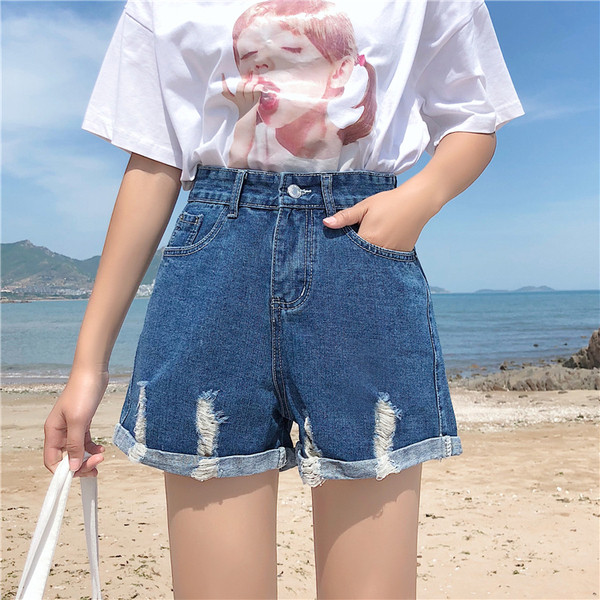 Pantaloni scurți casual de damă cu talie înaltă în albastru