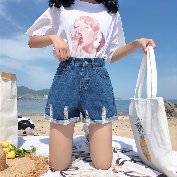 Pantaloni scurți casual de damă cu talie înaltă în albastru