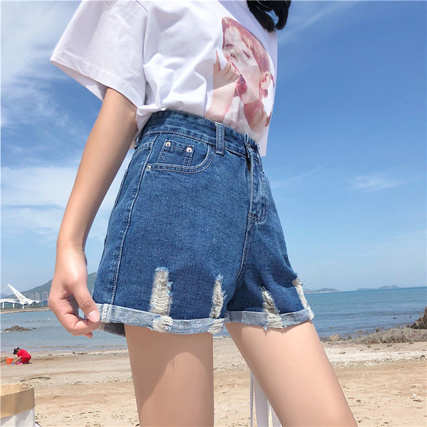 Pantaloni scurți casual de damă cu talie înaltă în albastru