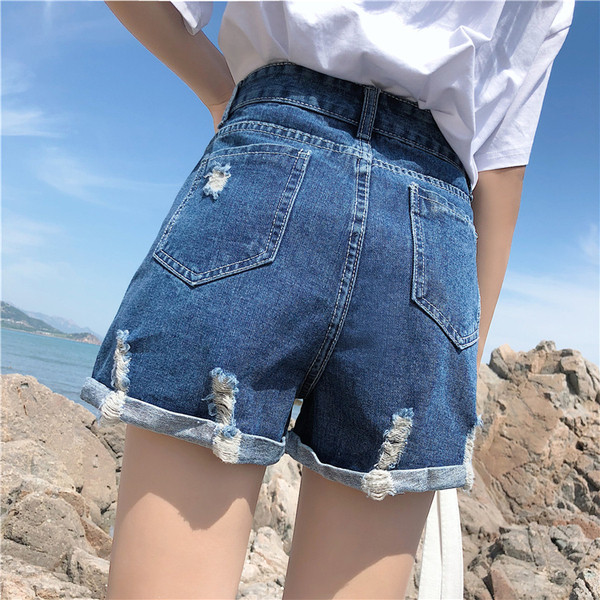 Pantaloni scurți casual de damă cu talie înaltă în albastru