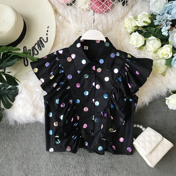 Cămașă elegantă de damă în alb și negru cu puncte