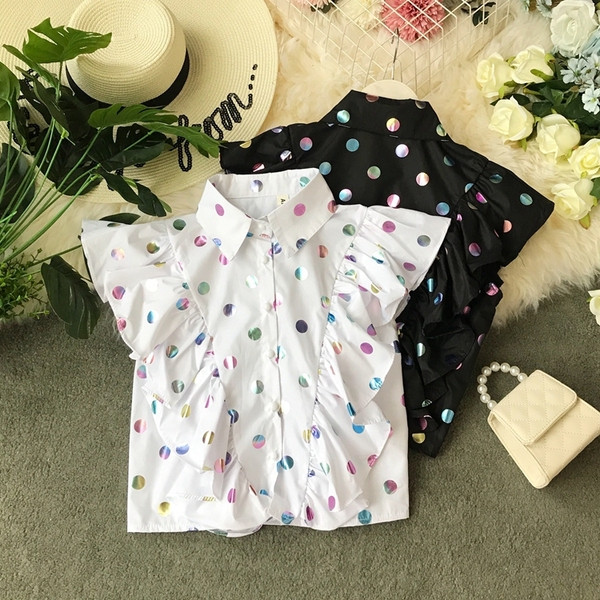 Cămașă elegantă de damă în alb și negru cu puncte