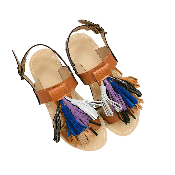 Sandale de dama moderne cu ciucuri colorati in alb, maro si negru