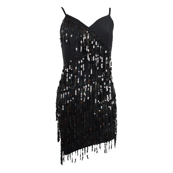 Rochie elegantă de damă cu motive agățate și bretele subțiri în alb și negru