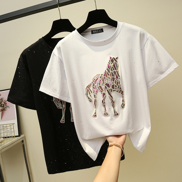 Tricou de dama modern cu paiete alb-negru