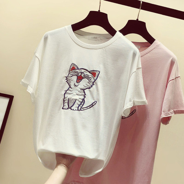 Tricou casual dama cu broderie in alb si roz