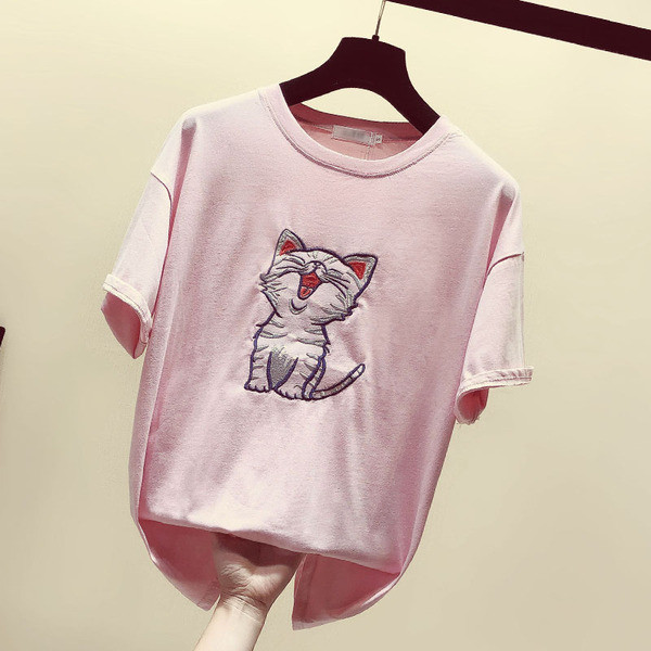 Tricou casual dama cu broderie in alb si roz