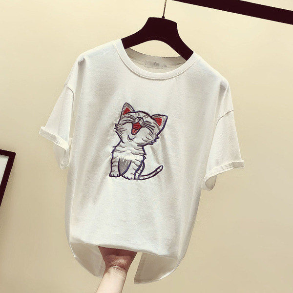 Tricou casual dama cu broderie in alb si roz