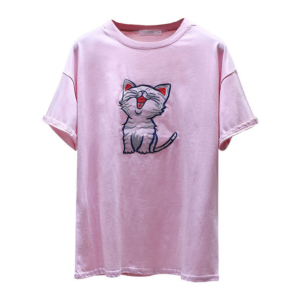 Tricou casual dama cu broderie in alb si roz