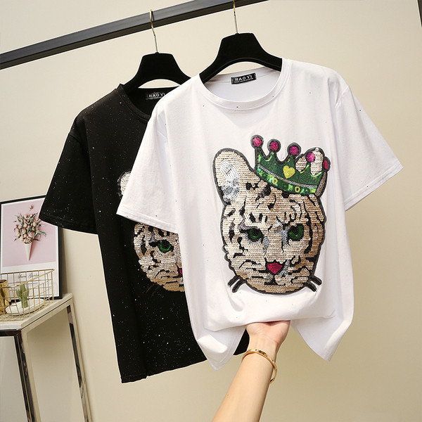 Női póló O-nyakkal, fekete-fehér flitterekkel