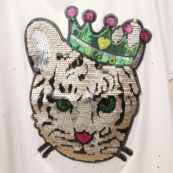 Női póló O-nyakkal, fekete-fehér flitterekkel