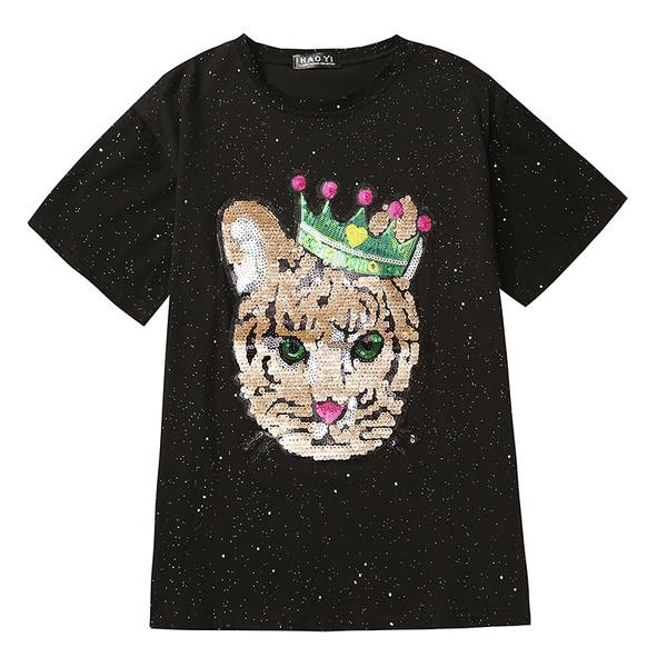 Női póló O-nyakkal, fekete-fehér flitterekkel