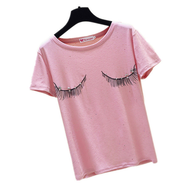 Aktuális női póló rátéttel, fehér és rózsaszín gyöngyökkel