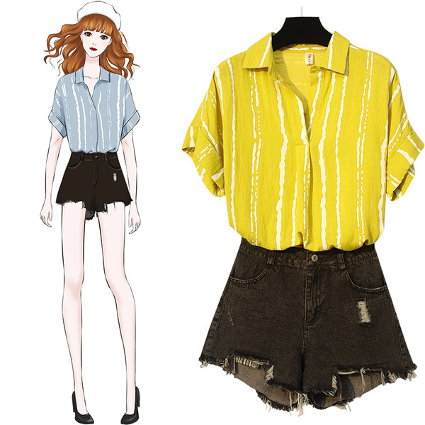 Hétköznapi női szett két darab ing + rövidnadrág szakadt motívumokkal