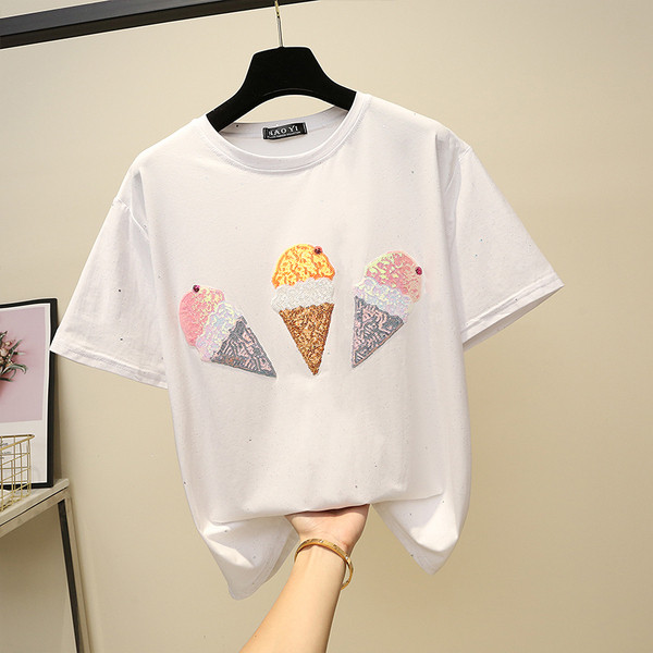 Fényes hatású modern női póló, fehér és fekete flitterekkel