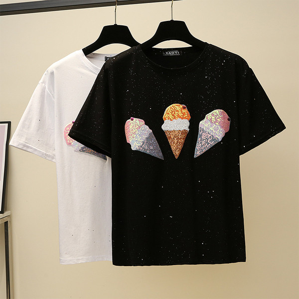 Fényes hatású modern női póló, fehér és fekete flitterekkel