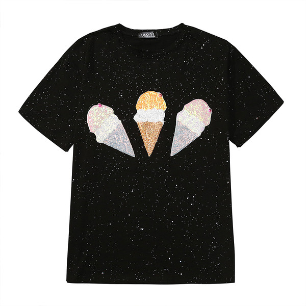 Fényes hatású modern női póló, fehér és fekete flitterekkel